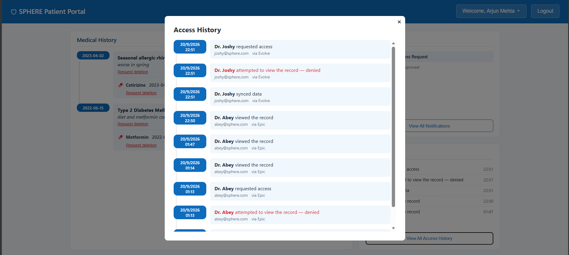 Screenshot of the SPHERE Patient Portal's access history log, listing timestamped events including access requests, denied view attempts, data syncs, and record views, each attributed to a specific doctor.