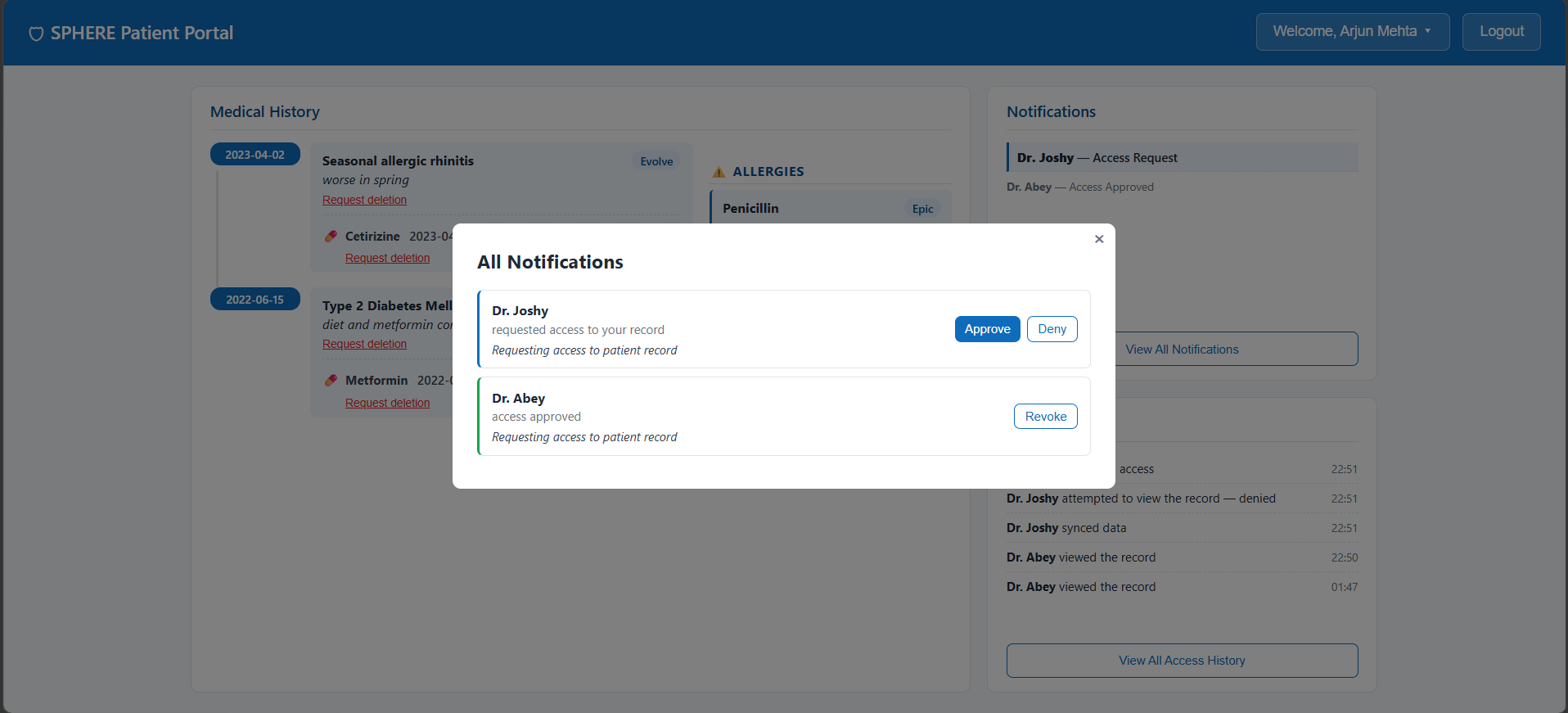 Screenshot of the SPHERE Patient Portal's notifications panel, showing a doctor's access request with Approve and Deny buttons, and a previously approved access with a Revoke option.